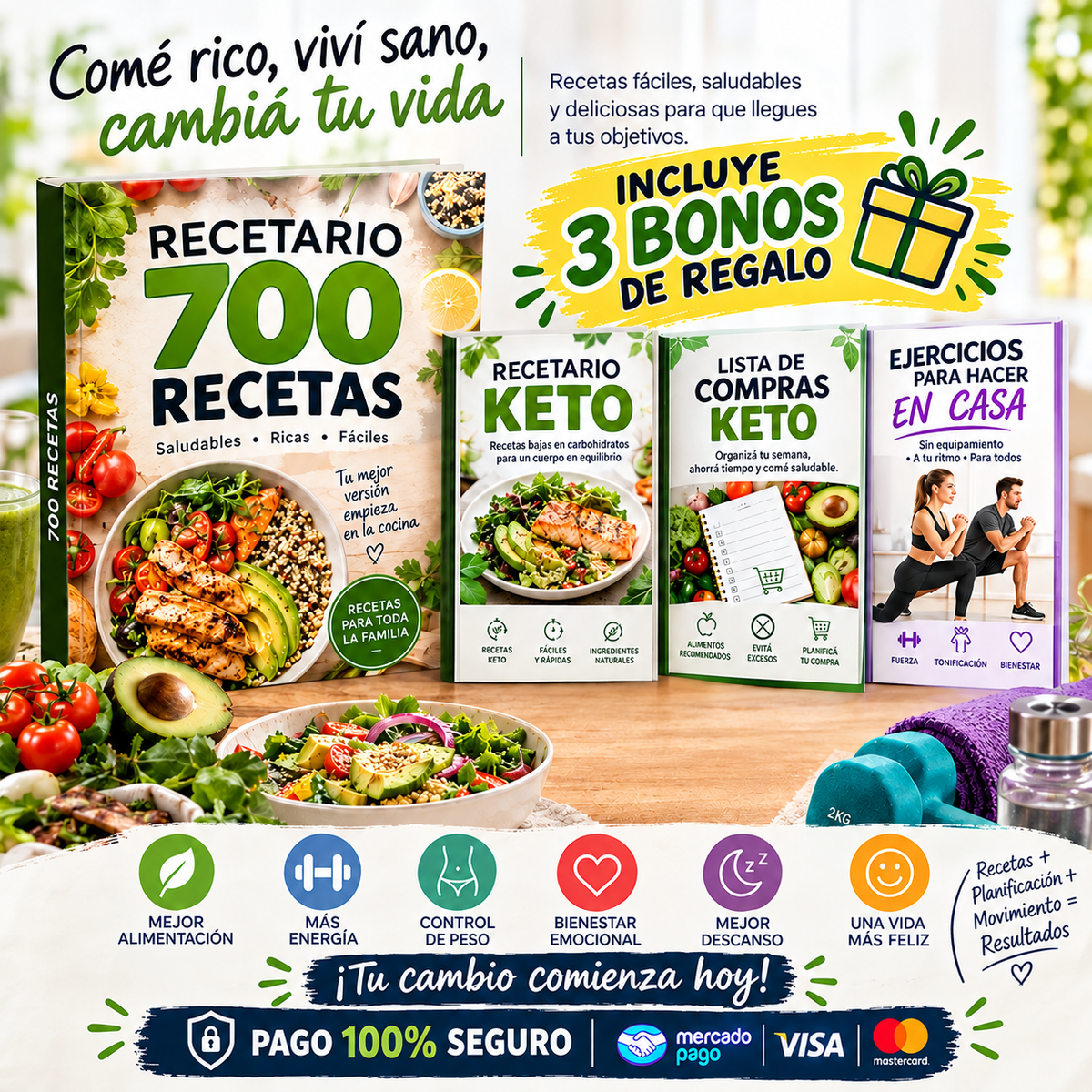 700 Recetas Saludables + 3 bonos de regalo